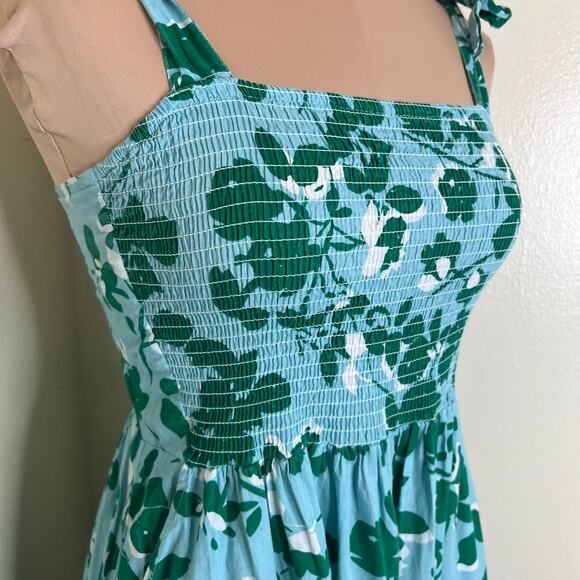 Seraphine Gianna Maternity Dress w Pockets 6 Tiered Blue Green Smocked Midi Tie - Picture 7 of 13